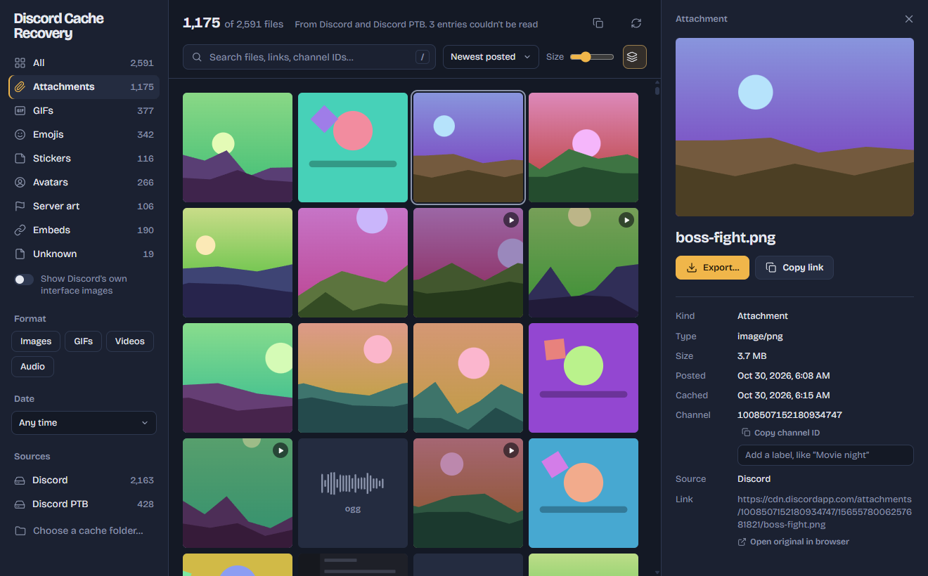 The Discord Cache Recovery window: a sidebar of filters for kind, format, date and Discord install, and a grid of recovered images and GIFs with their file names.